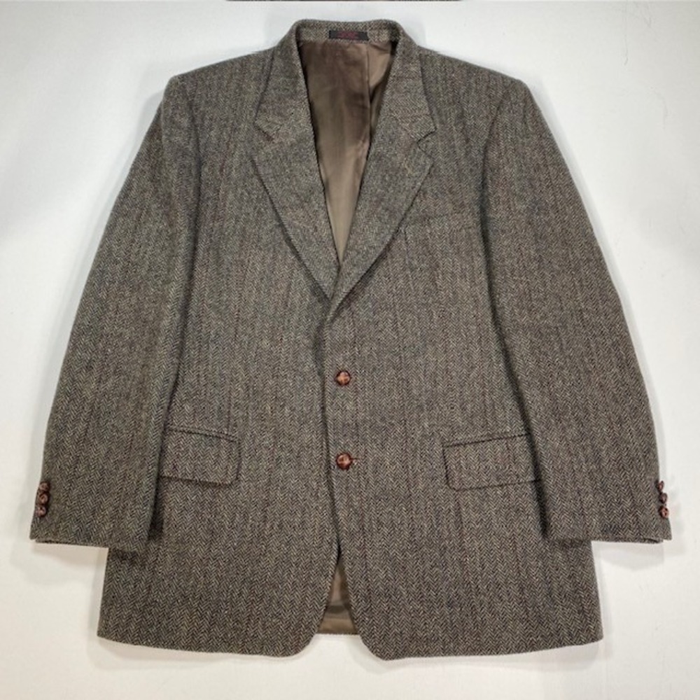 Mens‎ 44L Brown Tweed Herringbone 100% Wool Blazer Jacket English Manor